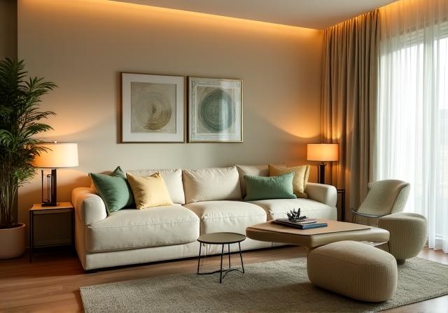 Modernes Wohnzimmer mit warmer Beleuchtung