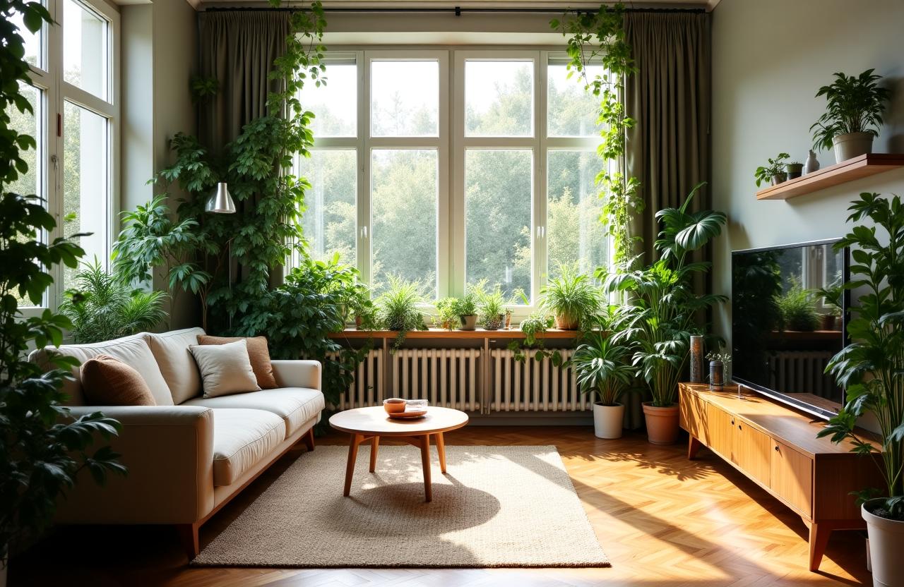Nachhaltiges modernes Wohnzimmer mit vielen Pflanzen