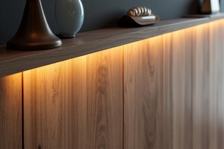 Modernes Wohnzimmer mit Akzentbeleuchtung und Holzelementen