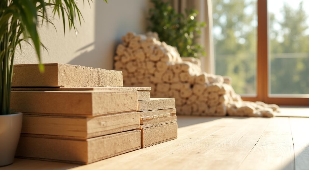 Naturbelassene Holzmaterialien und ökologische Dämmstoffe in einem hellen Raum